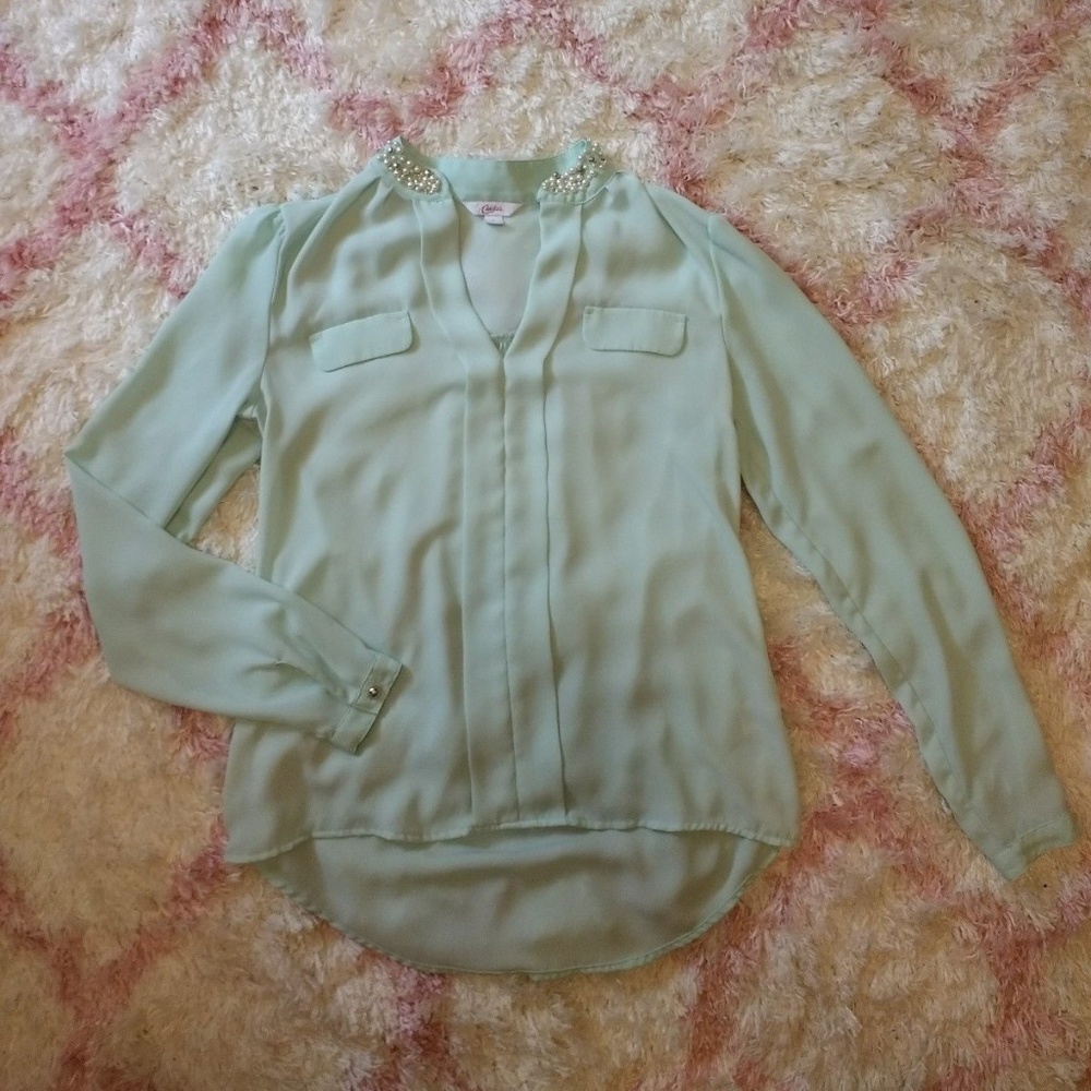 Mint Green Sheer Long Sleeve Blouse Beaded Neck
